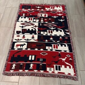 Unique Southwestern or Navajo-inspired pictorial throw blanket-red, blue & cream